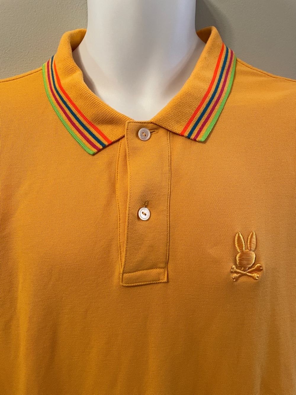 PSYCHO BUNNY Men's Golden Yellow/Orange Rainbow Striped Collar Urban Polo Shirt